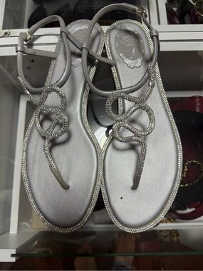 Rene Caovilla Silver Crystal-Embellished T-Strap Sandals